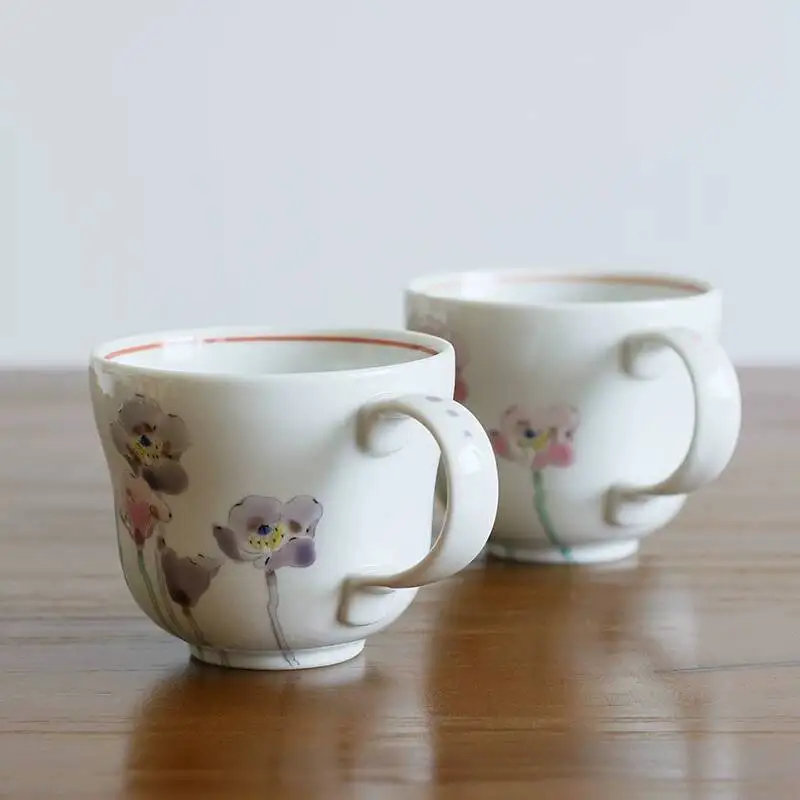 Japanese Pottery Artist Yamaguchi Takashi's Hand-Painted Floral Couple Mugs, Kutani Ware Original Imported Gift Box Set