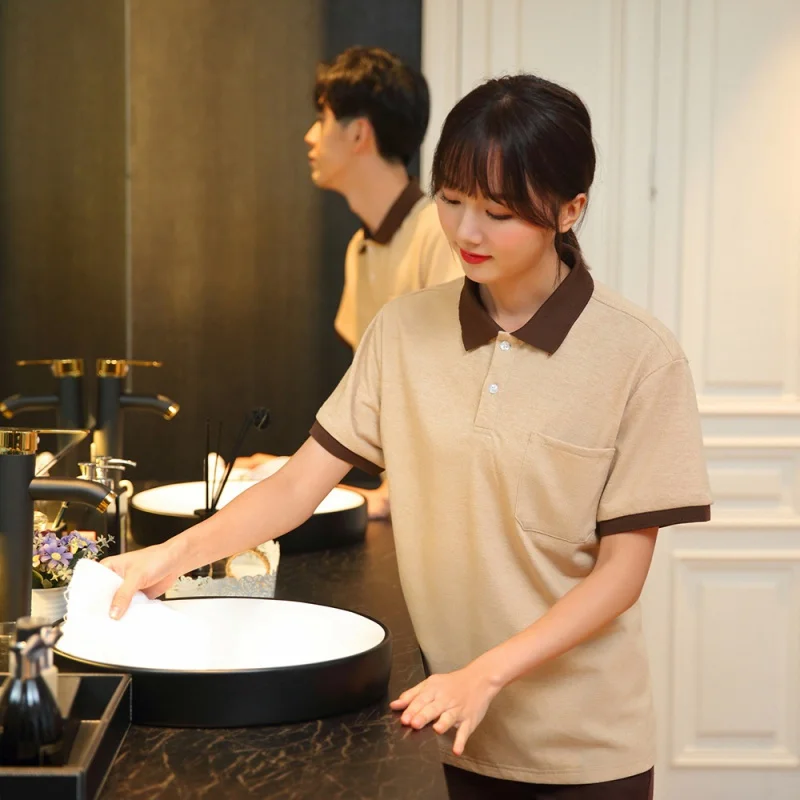 Atendientes do quarto de hotel limpeza uniforme de serviço, manga curta camiseta de algodão, PA roupas manga curta, tia uniforme de serviço de limpeza, verão