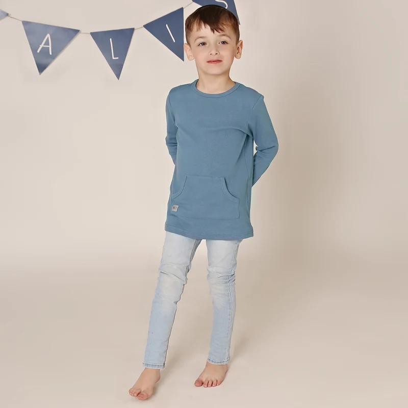 Children shirt long sleeve pocket unisex flexible and comfortable fabric ribbed round neck tshirt boy and girls round neck shirt