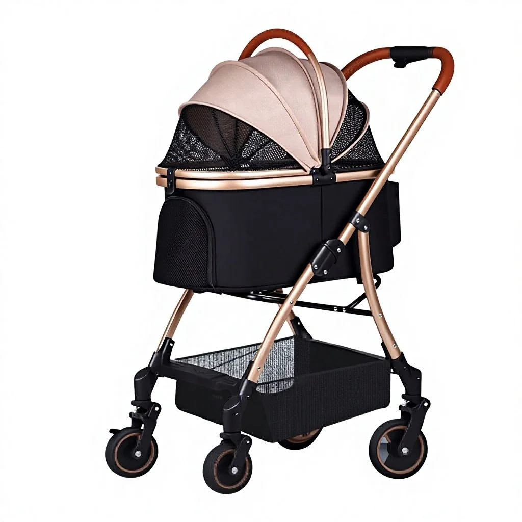 Pet Stroller for Outings Lightweight Metal Detachable One-Click Foldable Four-Wheel Omnidirectional Cart for Small Dogs Cats