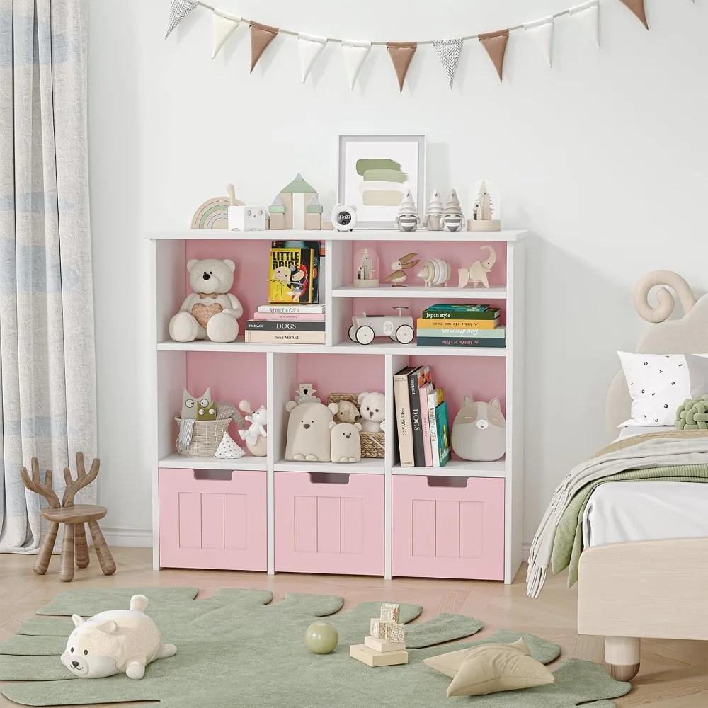 Multi-functional Storage Shelf with 3 Drawers Easy Assembly Bookshelf Toys Cabinet Rounded Edges for Safety Bookcase Living Room Organizer Rack Sundries