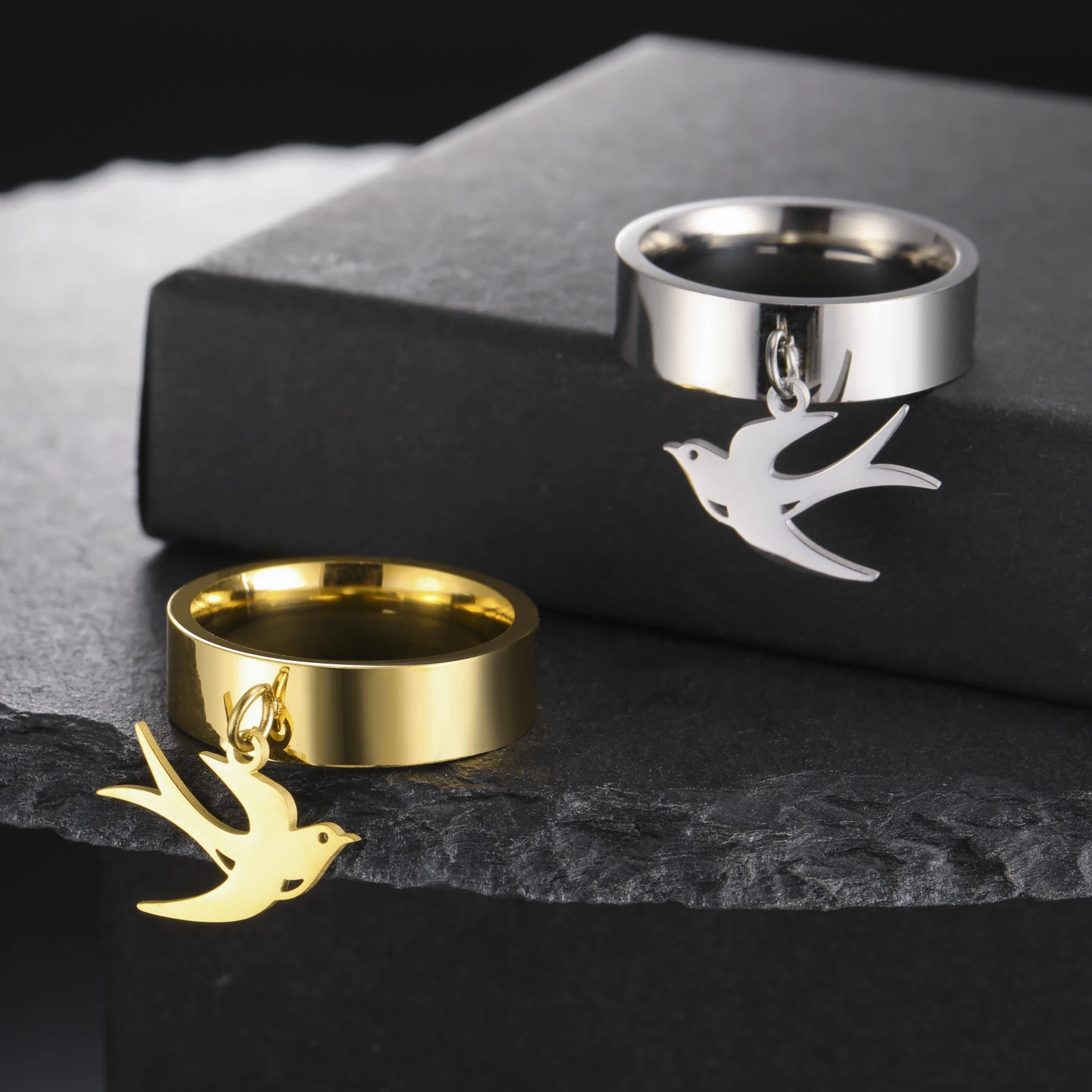 Kkjoy Fashion Swallow Bird Dangle Rings For Women Stainless Steel Animal Finger Ring Jewelry Wedding Anniversary Wholesale