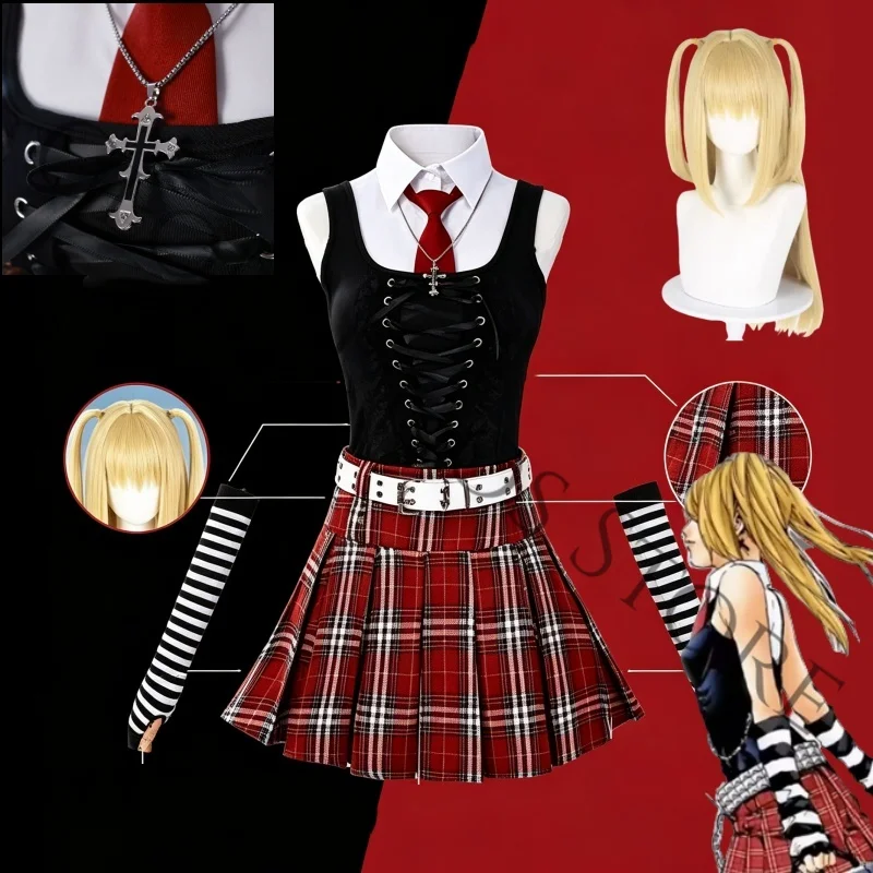 Anime Misa Amane Misamisa Cosplay Costume Top Vest Tie Skirt Set Black Red Jk Uniform Wig Notebook Accessories for Women