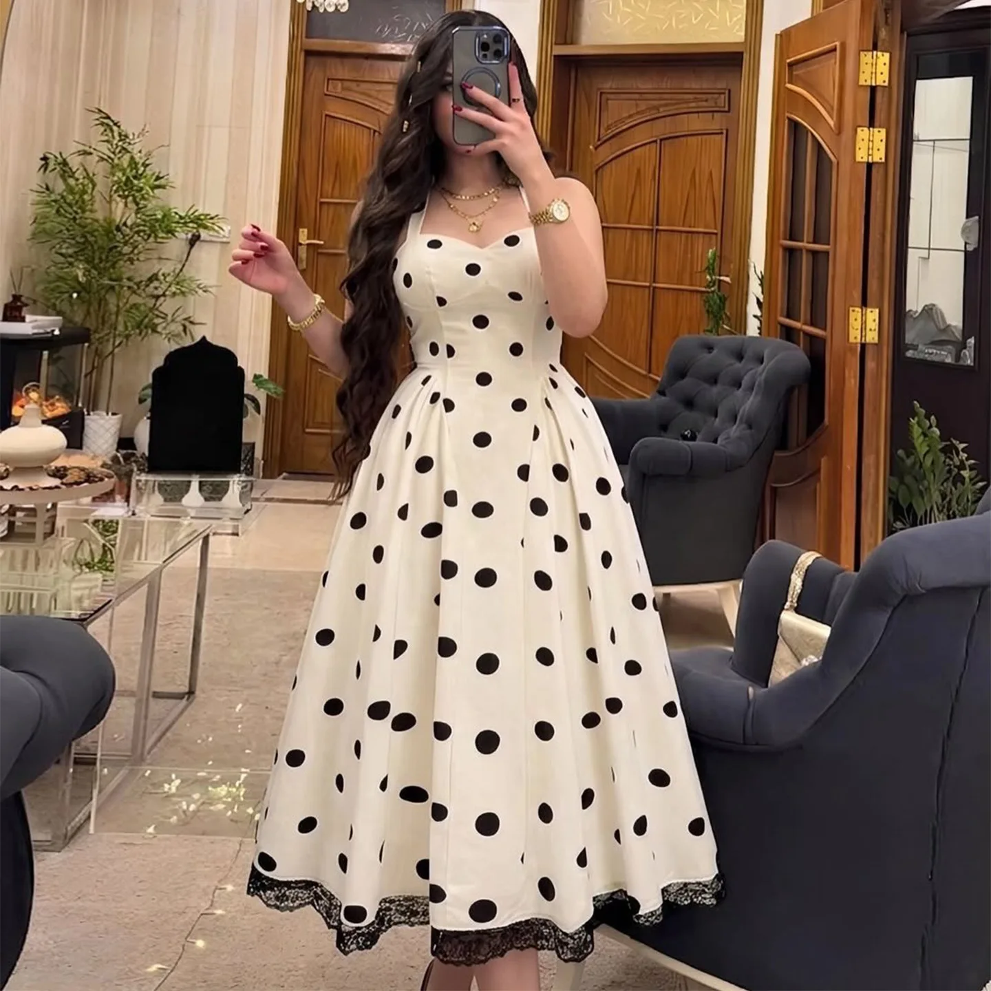 

Elegant Halter Waist-Tight Ruffled Lace Polka Dot Dress, New Arrival for European and American Summer