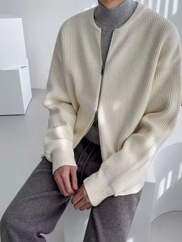 

Retro American Knitted Open Cardigan Sweater Men's Autumn Korean Sle Slim Zip Basic Color Faion Outerwear