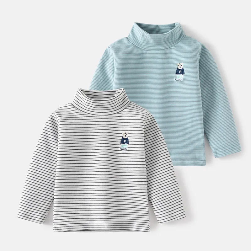 Kids Turtleneck Base Tees Spring Autumn Boys' Long Sleeve Thermal Top Warm Striped T-shirt, Available for Ages 3-8 Blue