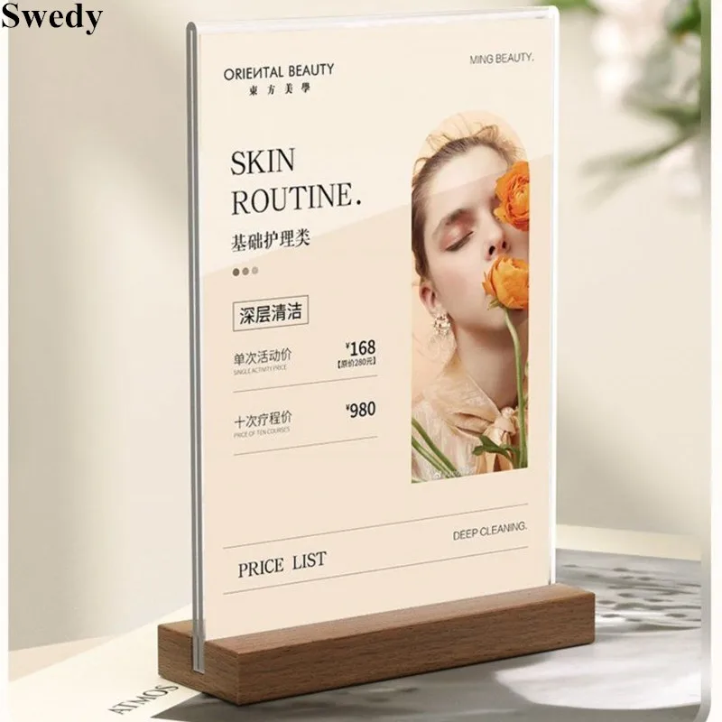 

A5 148x210mm Double Wood Base Acrylic Sign Holder Display Stand Table Menu Paper Flyer Price Holder Photo Picture Poster Frame