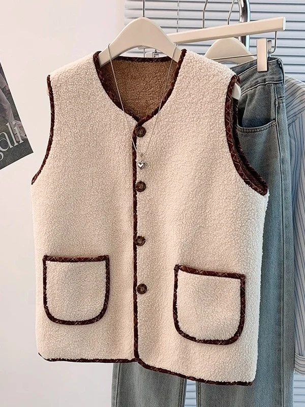 

Корейский жилет цвета Blo Particle Fce, женский осенне-зимний теплый многослойный топ, круглый Ne с застежкой на одной пуговице