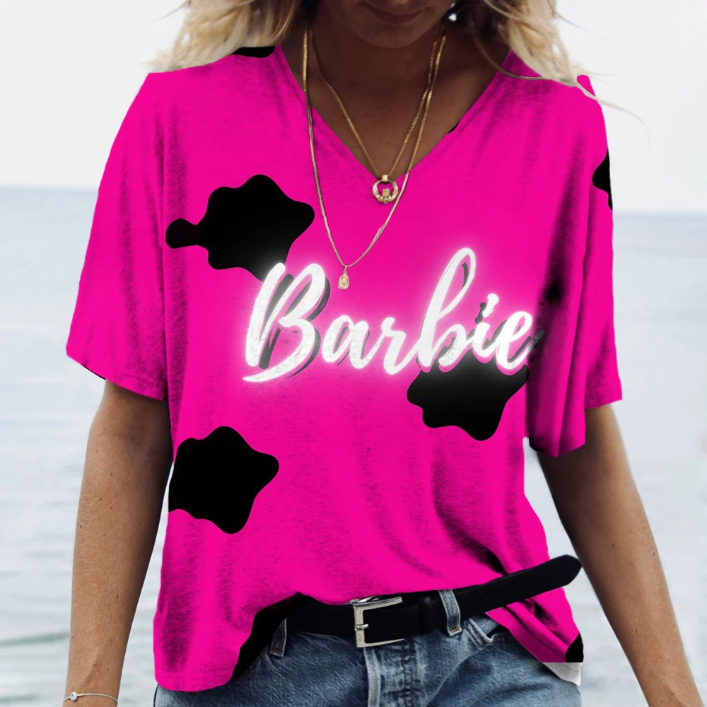 Camiseta de manga curta decote V feminina, roupa solta do verão, estampa Barbie, pulôver oversize