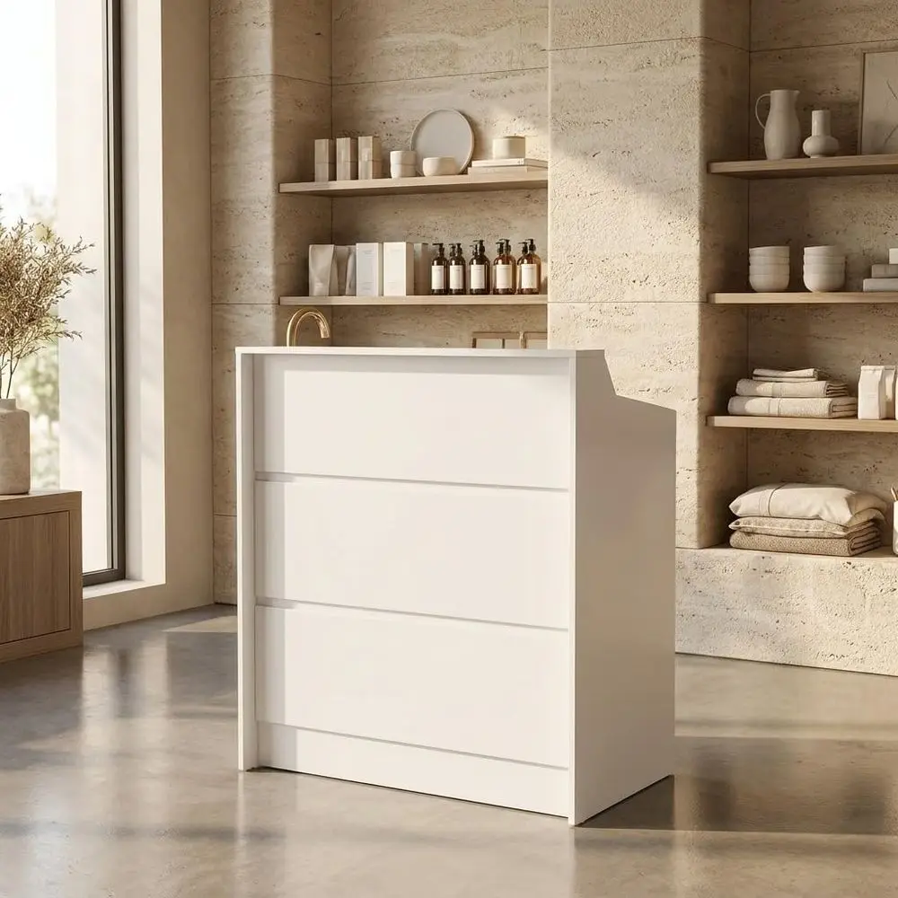

White Wooden Small Retail Store Checkout Counter with Lockable Drawer, 31.5x19.7x42.5