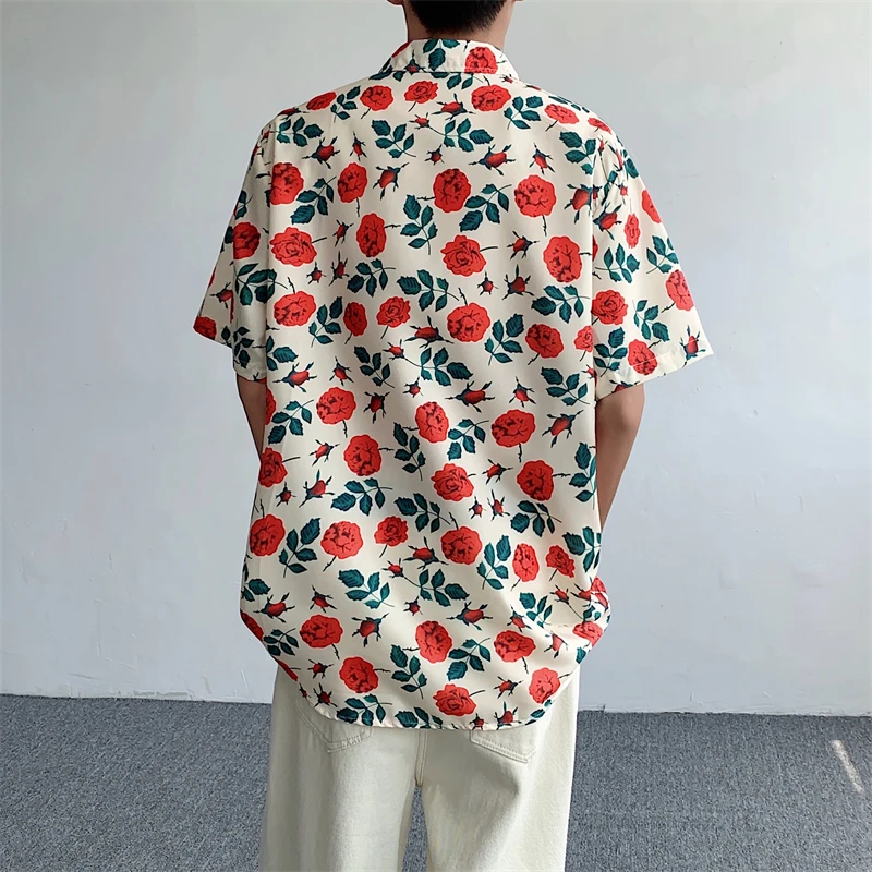 Summer Beach Shirt Male Floral Rose Printed Short-sleeved Casual Blouse Korean Trend Lovers Matching Button Up Shirt Tops