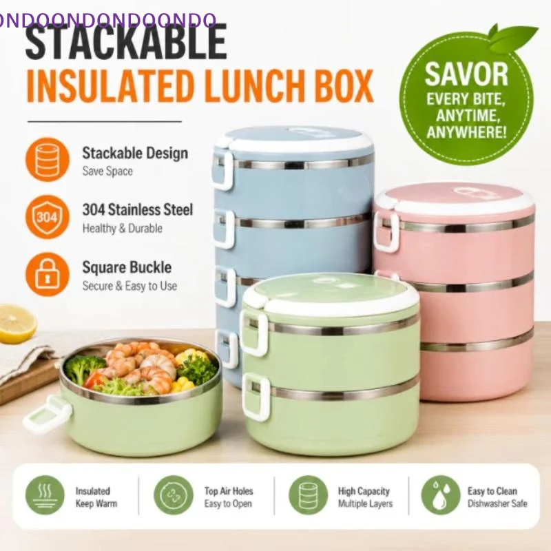 Stackable 410 Stainless Steel Insulated Lunch Box BPA Free Portable Leakproof Food Holder for Home Office Travel Use