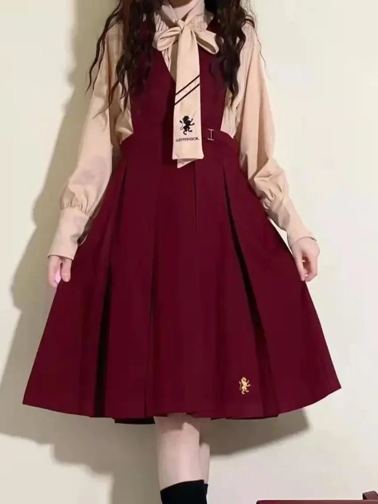 2025 Spring Dress Suit Female Preppy Korean Loose Japan Strap Dress Kawaii Girl Single Piece Women Punk Streetwear Red Dress New