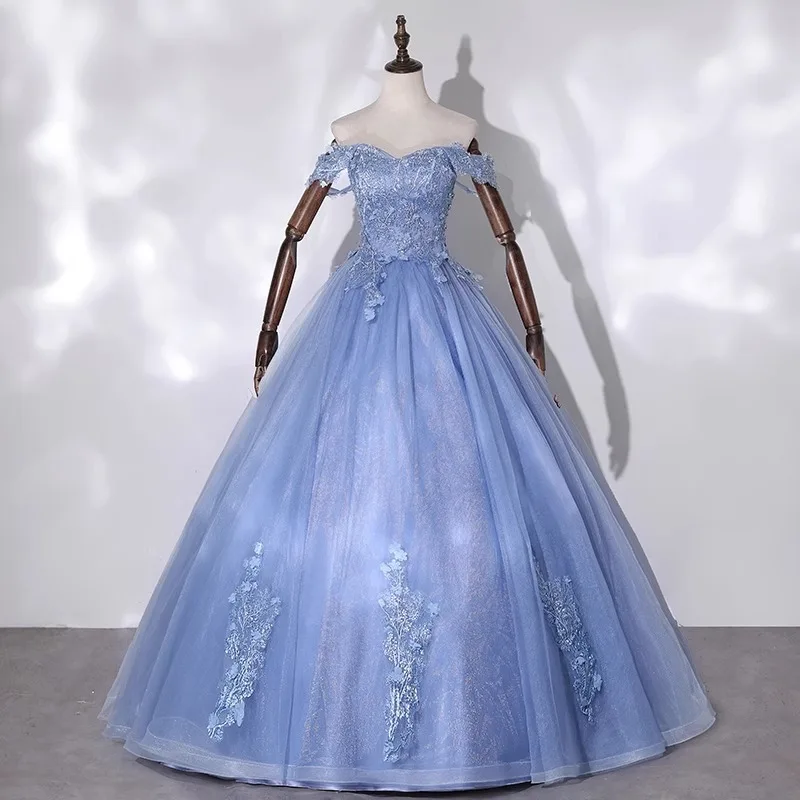 

V-nek Appliques Quinceanera Dresses Blue Vestidos Sweet 16 years Party Prom Vintage Floor-Length Ball Gown Summer