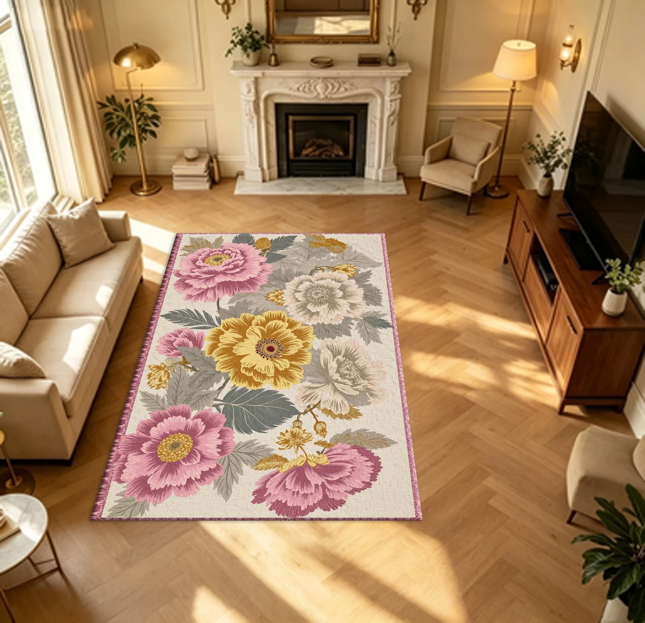 Vintage Peony Floral Carpet Flooring Pink Yellow Beige Flower Motif Household Living Room Indoor Large Decor Area Floor Rug