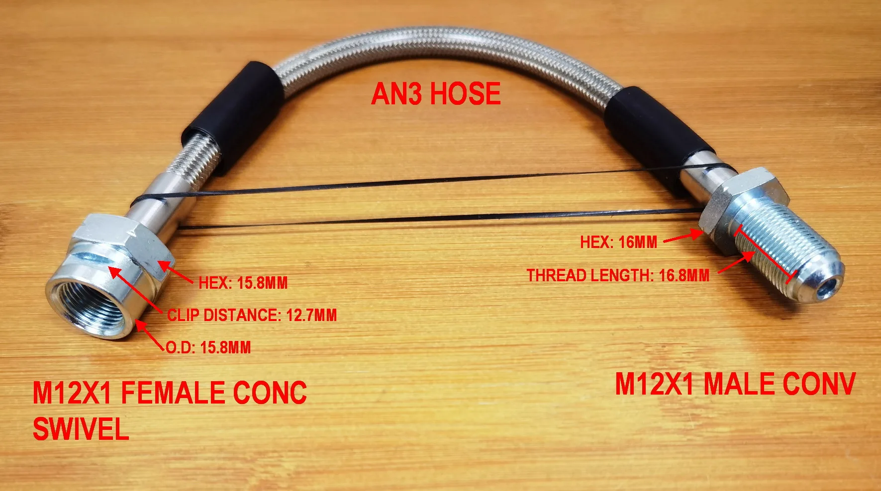 AN3 Stainless Braided PTFE Hydraulic Clutch Hose For Truck M12x1 Female Swivel + M12x1 Male Fitting