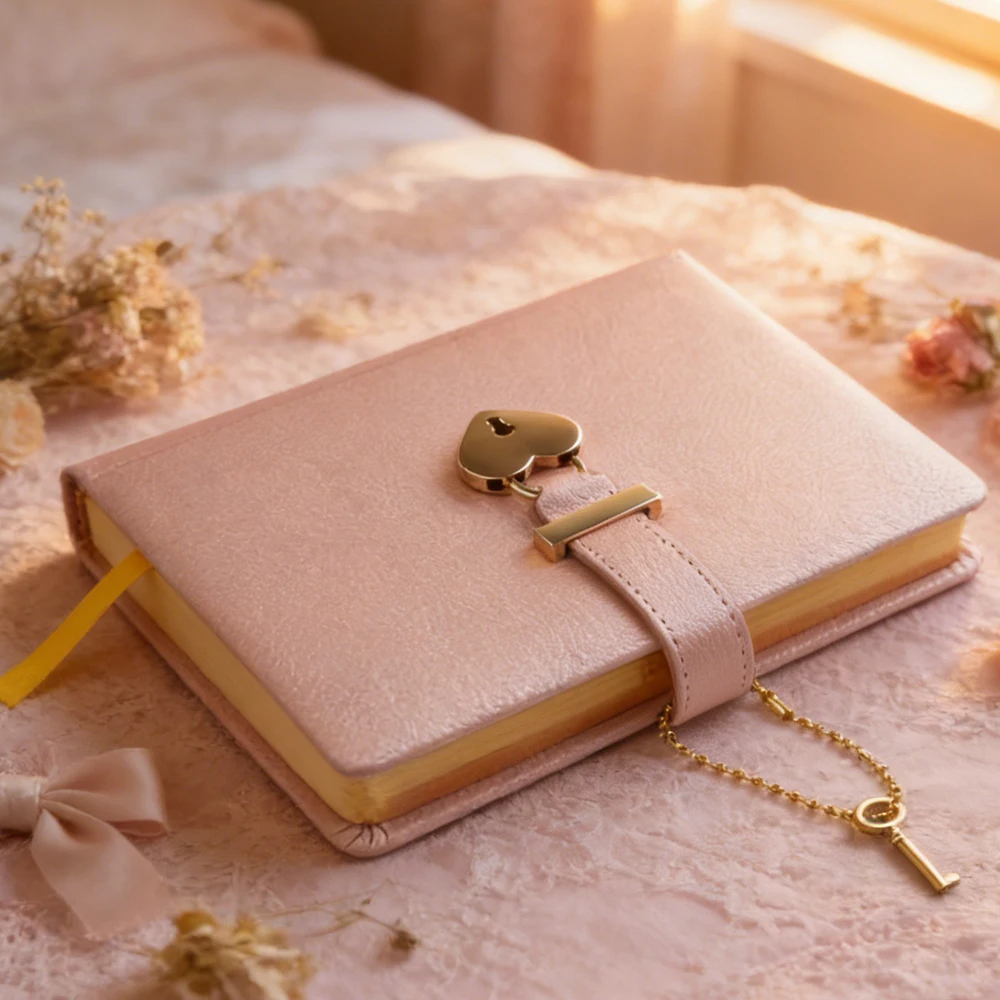 Lockable Journal - Pink PU Leather Cover Personal Diary with Heart Shaped Lock & Key Secret Notebook Gift for Teens & Girls