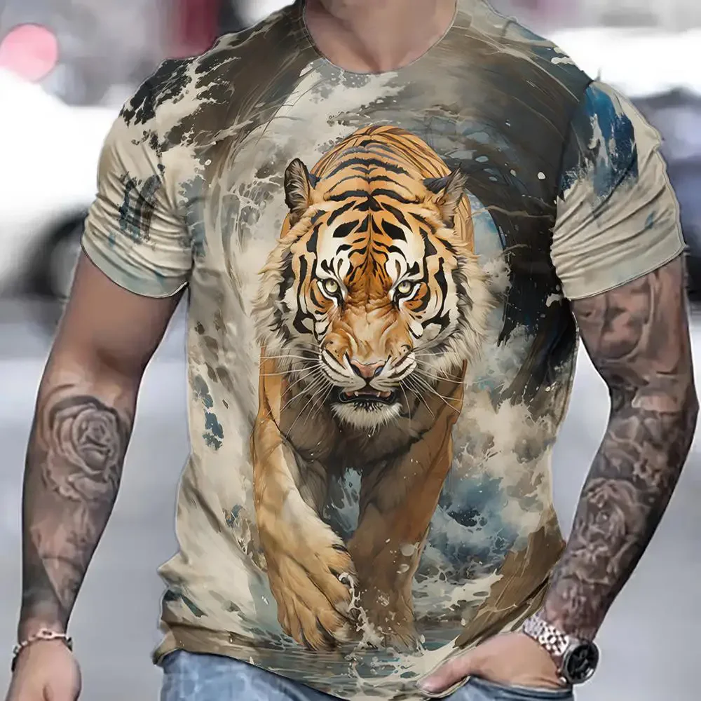 Summer New Men\'s T-shirt 3D Printed Tiger Pattern Trendy Fashion Short sleeved Casual Comfortable Domineering Top