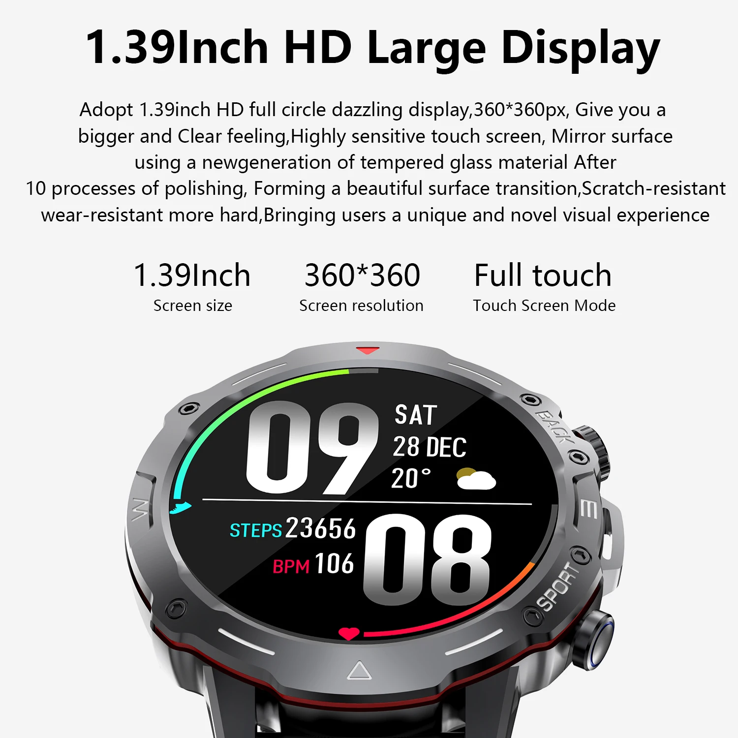 G102 Smartwatch 1.39 "RTL8763EWE رقاقة بطلب ضخم أوضاع رياضية فترة الحيض تتبع مراقبة النوم ساعة رياضية خارجية