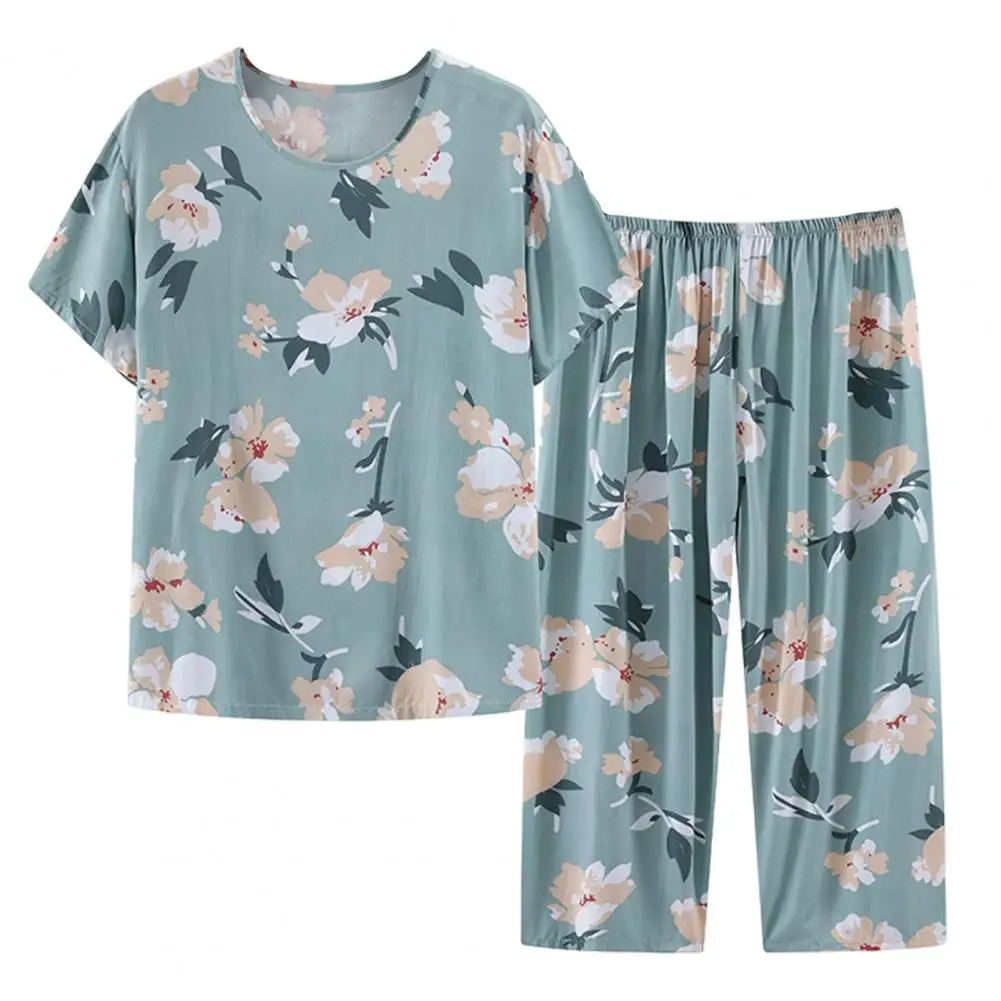 

Women Pajama Set Elegant Mid-aged Women's Pajama Set with Flower Print Short Sleeve Top Wide Leg Pants Soft Sleepwear for Mother