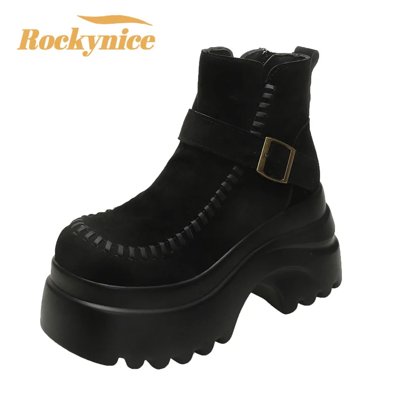 

НОВЫЕ дизайнерские ботильоны на высокой платформе, женская замшевая кожаная обувь, женские осенне-зимние зимние ботинки, трендовые прогулочные ботинки Botas Mujer 9,5 см