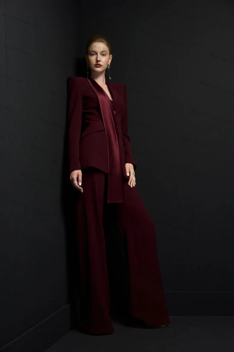 

Burgundy Formal Women Suit Set 2 Piece Blazer+Pants With Strap Jacket Wedding Tuxedo Custom Made Office Lady Cotton Autumn Coat