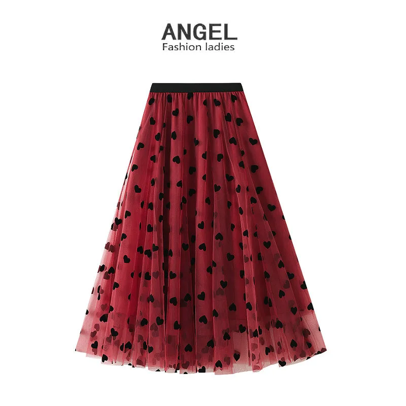1pcs/lot retro style woman heart mesh skirt lady elatic waist heart high waist long skirt