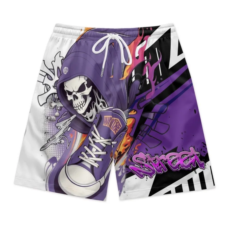 Soul Reaper Print Men's Purple Drawstring Waist Shorts Quick Dry Breathable Beach Shorts Casual Polyester Sport Shorts For Men