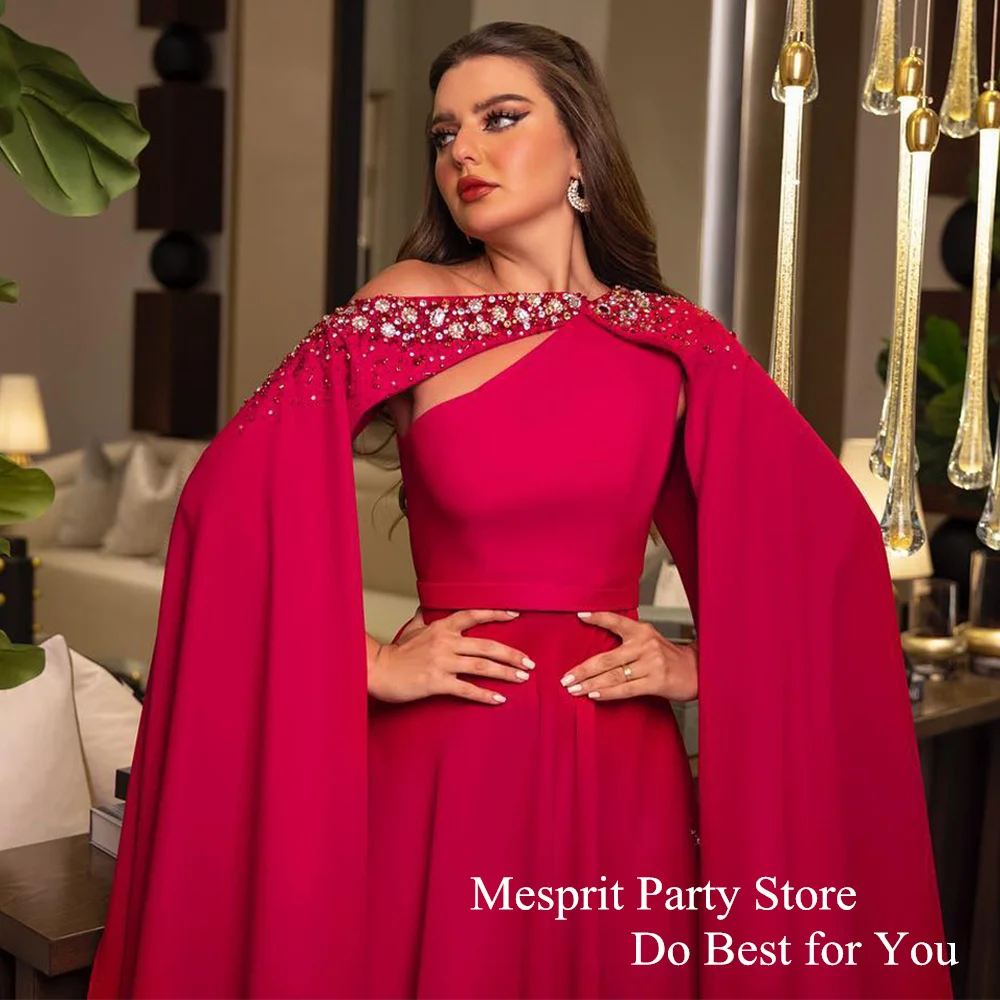 New Arrival 2024 Evening Dress with Cape Luxury Beading Sequined A Line Foor Length Fuchsia Prom Dresses Saudi Arbic Party Gown