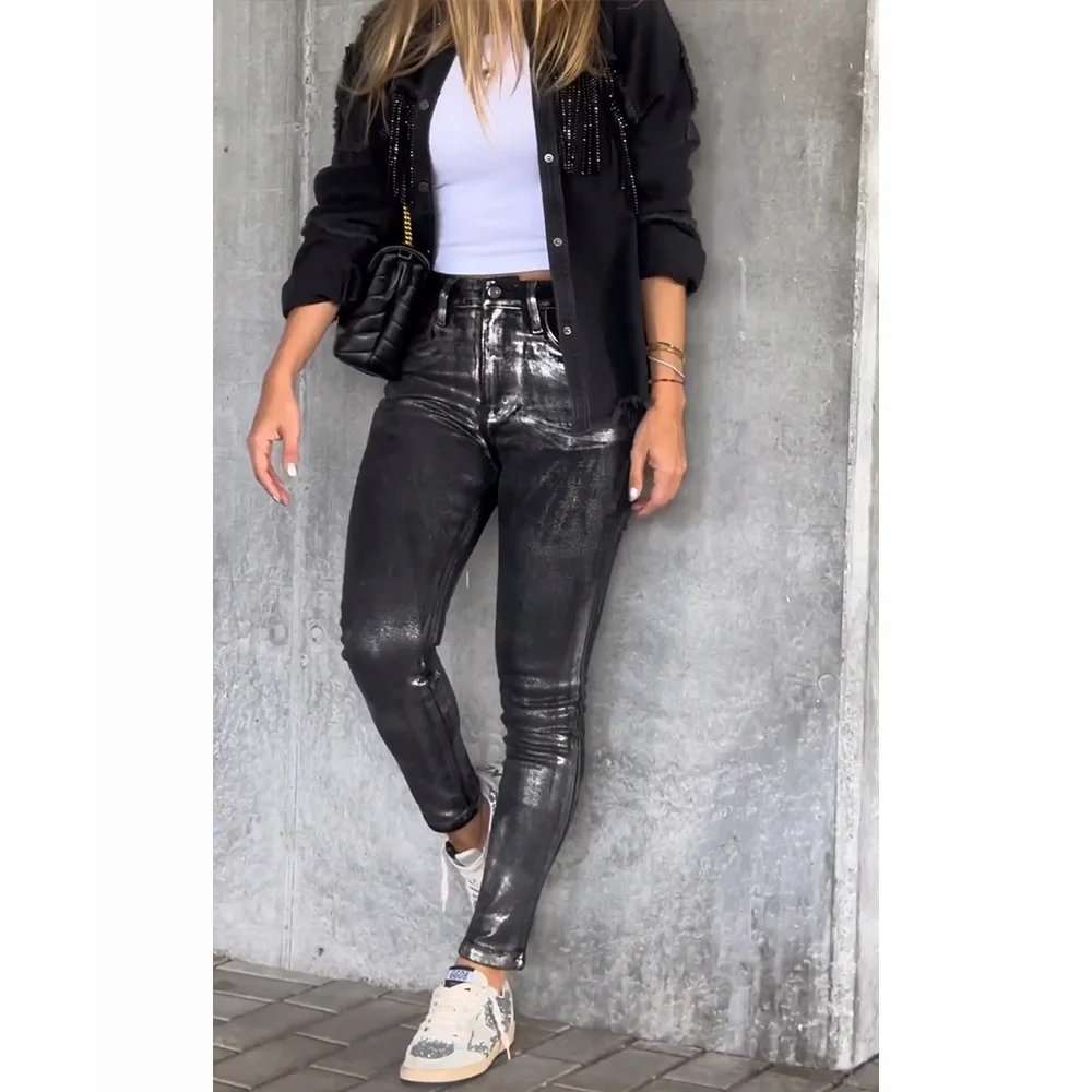 Fashion Mid Waist Women Metallic Black Skinny Jeans Casual Bottoms Zipper Fly Solid Daily Denim Pants Streetwear Long Pants