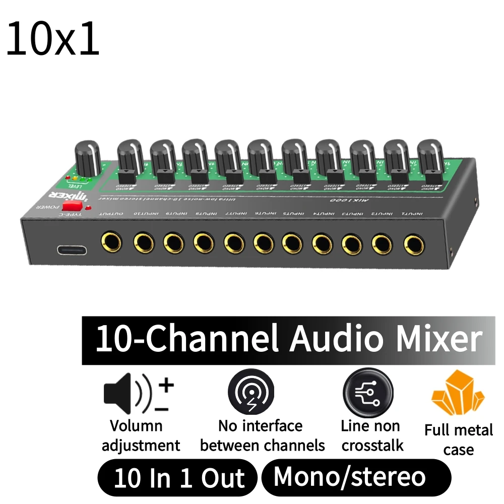 10-Channel Stereo Mixer Ultra Low Noise Mini Sound Audio Mixer Mono and Stereo Switcher for Small Club Bar Guitar Bass Keyboard