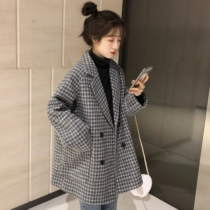 

Winter Plaid Thickened Blazers Jacket Women Loose Long Sleeve Office Lady Korean Style Fashion Casual Versatile Cardigan Female