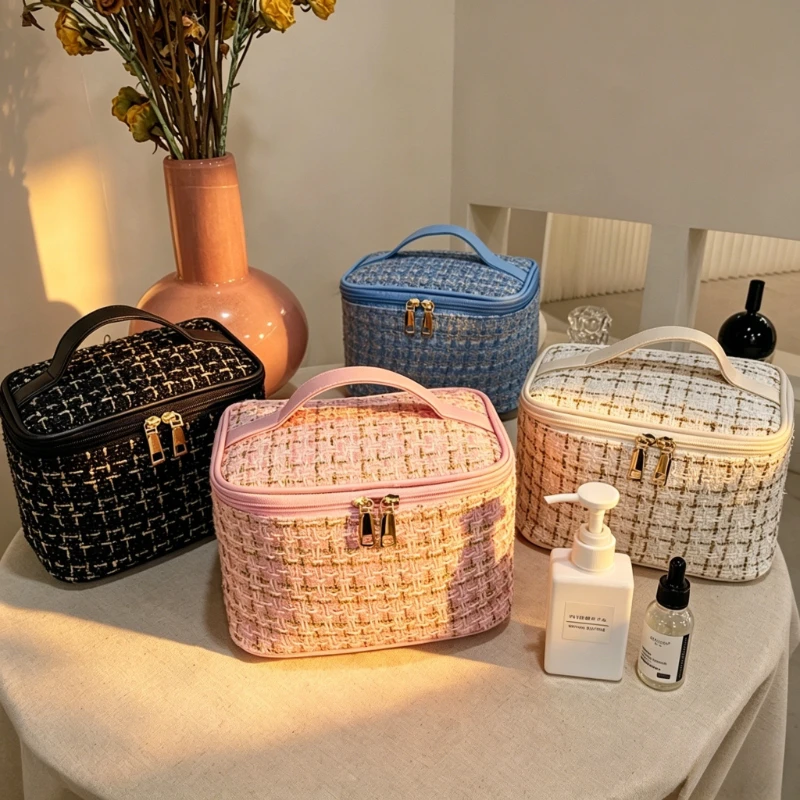 Chic Tweed Cosmetic Makeup Bag Large Capacity Handbag Travel Toiletry Organizer Portable Pouch For Women