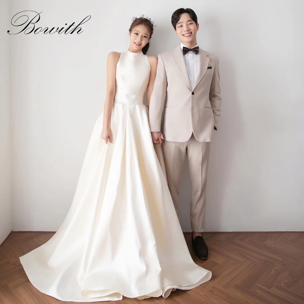 

Bowith 2025 Sleeveless Korean Wedding Dresses O-Neck A-Line Satin Bridal Gown Customized Elegant Simple Wedding Snap Dresses