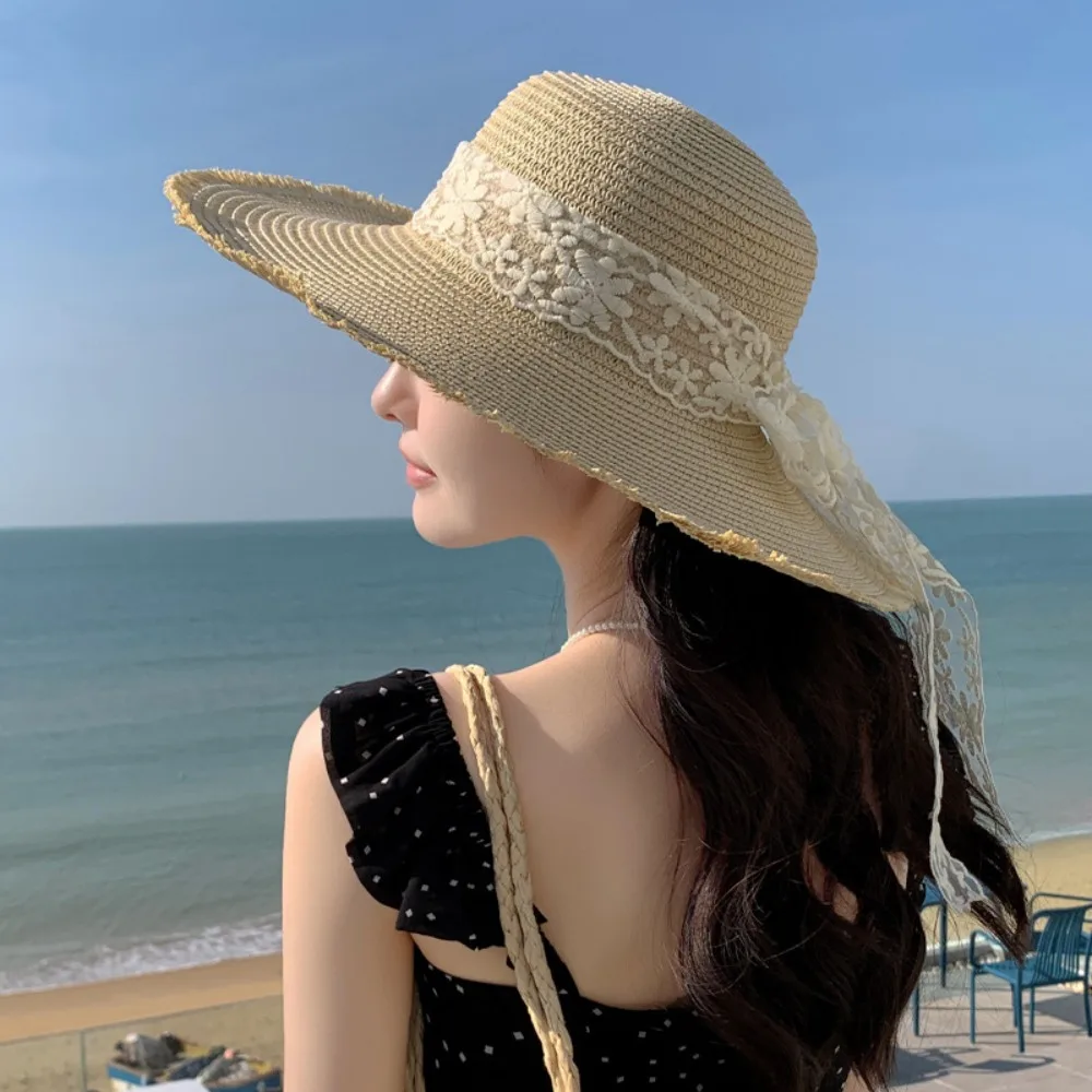 

Sweet Breathable Lace Bowknot Straw Hat Large Brim Korean Style Wide Brim Sun Hat Adjustable Anti UV Sunshade Cap Woman