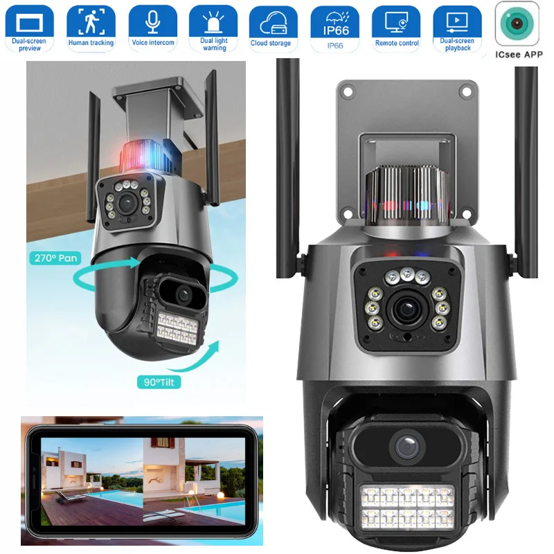 4G كاميرا بطاقة Sim 8MP عدسة مزدوجة في الهواء الطلق واي فاي PTZ كاميرات IP ICSee App للرؤية الليلية اتجاهين صوت CCTV صافي كاميرا مراقبة