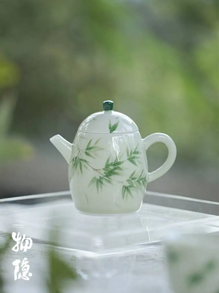 Wuyintang chinese Style Hand Painted Green Bamboo Teapot Household Ceramic Finger Tea Brewing Pot With Ball Hole Filter And