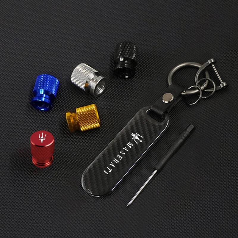 Car Carbon Fiber Key Chain with Wheel Tire Valve Caps For Maserati Quattroporte Spyder Levante Coupe GranTurismo Accessories