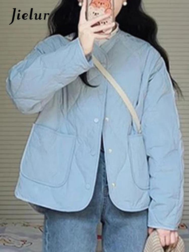 Jielur Blue Winter Thick New Sweet Women Parkas Solid Color Chic Pockets V-neck Simple Female Coat Casual Single Breasted Parkas