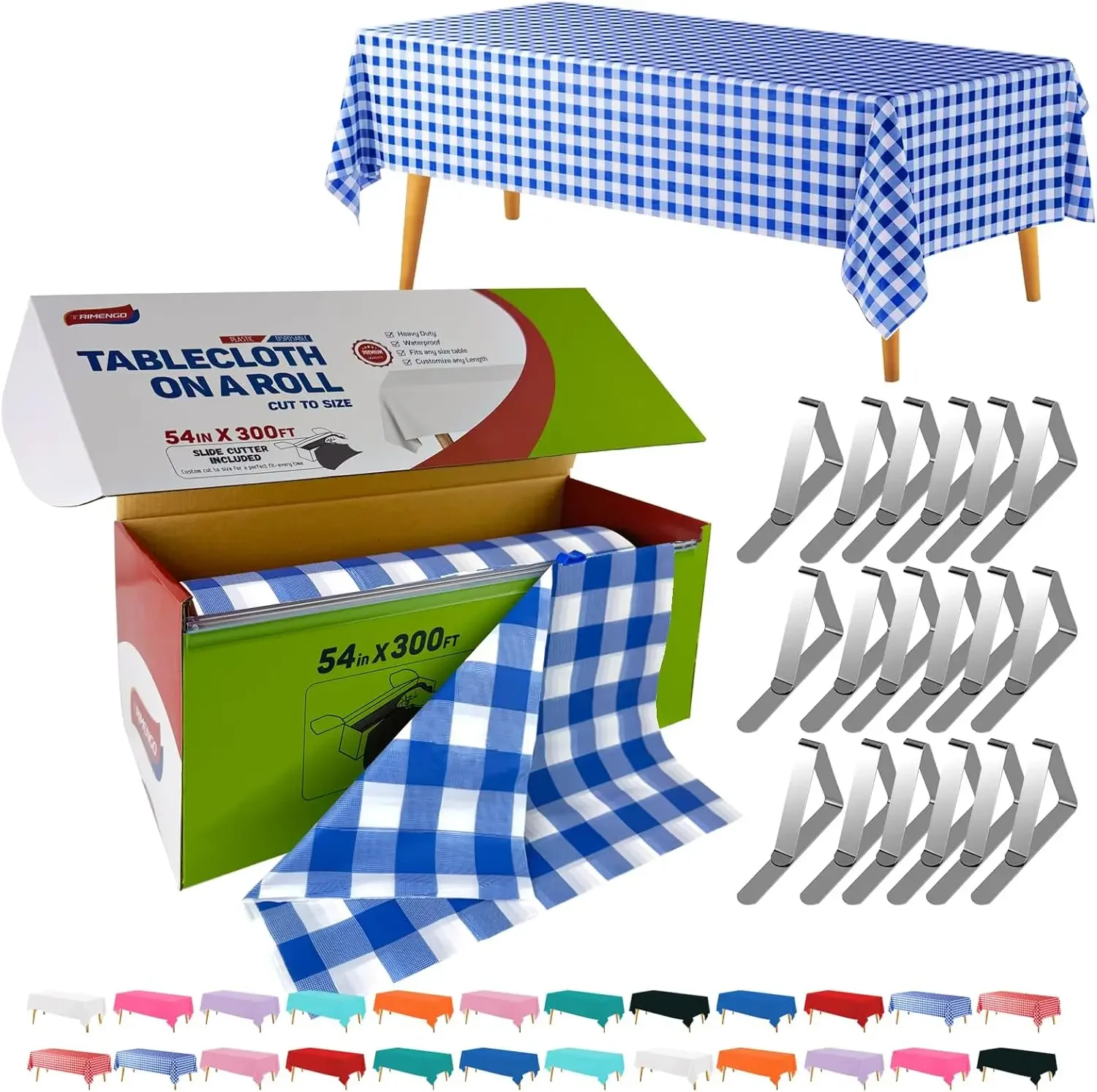 

54 дюйма x 300 футов синий рулон пластиковой скатерти в мелкую клетку с 18 зажимами из нержавеющей стали, одноразовый рулон крышки стола