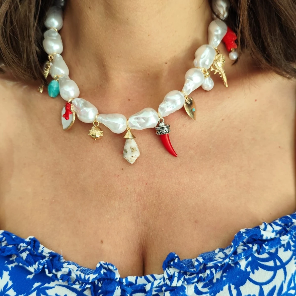 

Bohemian Faux Pearl Heart-shaped Chili Conch Pendant Necklace,Enamel Coral Fish Pearl Necklace,Suitable For Summer vacation