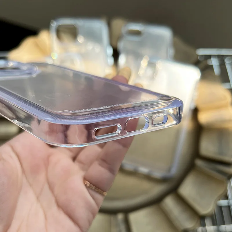 Funda de teléfono simple para iPhone 15, 14, 13, 12, 11 Pro Max Plus, cubierta trasera transparente de parachoques duro acrílico con botón plateado