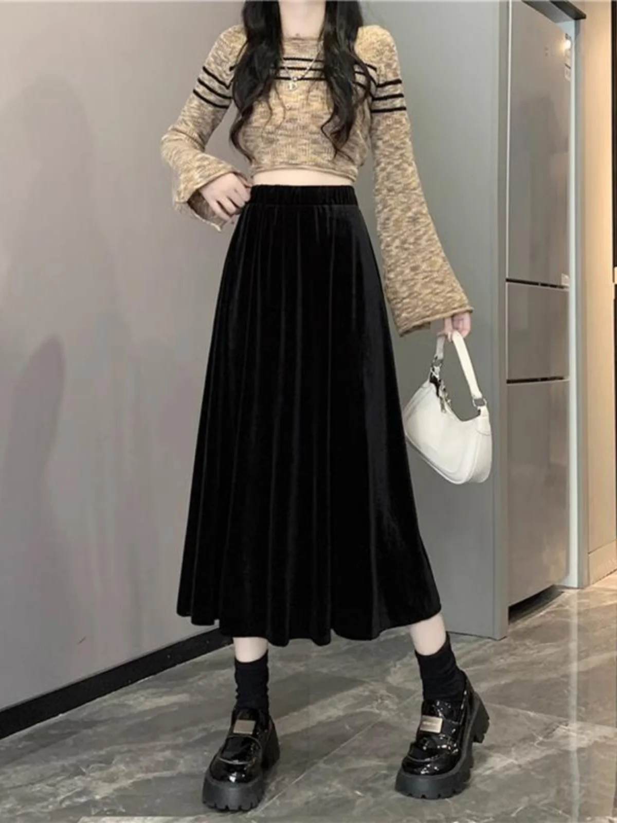 High Waist plus Size Velvet A-Line Skirt Women's Autumn Winter Pear Shape Body Covering Hip Flattering Midi Length Skirt