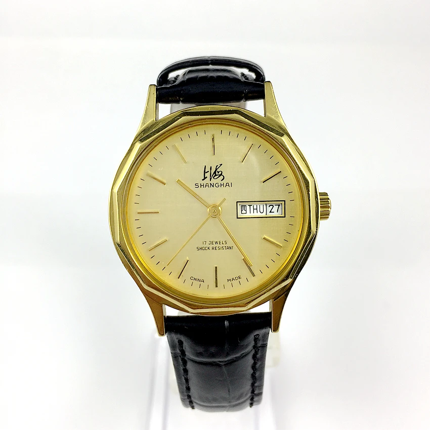 Original Shanghai brand 17 drill 8120 double calendar bar yellow face manual mechanical watch with a diameter of 36.5mm