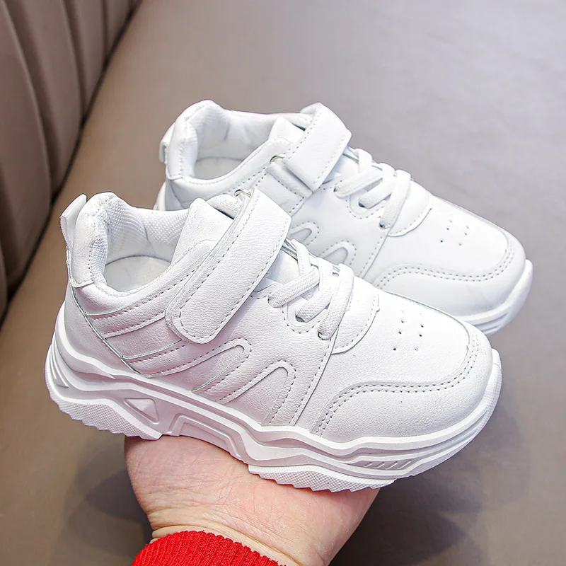 

Children Fashion Solid White Sneakers PU Breathable School Shoes for Girls Kids Non-slip Breathable Light Running Shoes for Boys