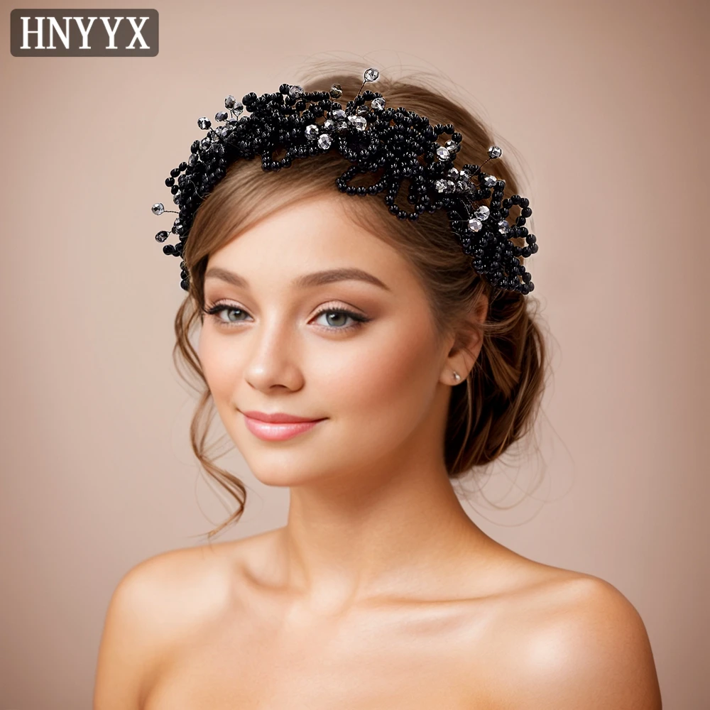 HNYYX High Quality Black Crystal Beaded Headband Woman Banquet Pearls Hair Hoops Fashion Jewelry  Hair Jewelry A15