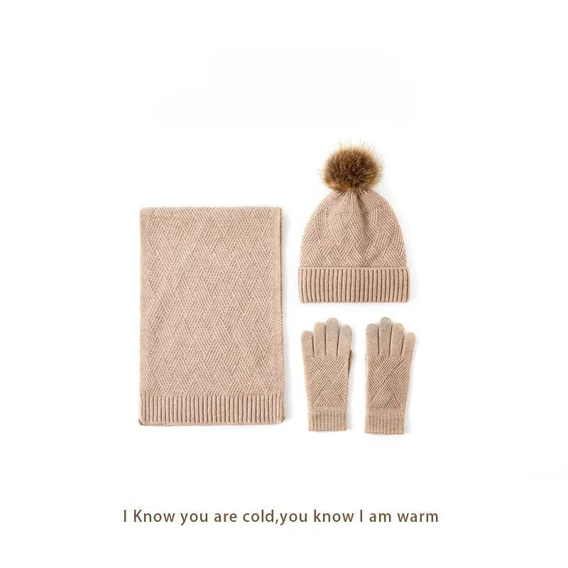 Solid Color Wool Warm Hat Scarf Gloves Three-piece Men And Women Autumn Winter Wind Cold Wool Ball Padded Soft Knitting Set
