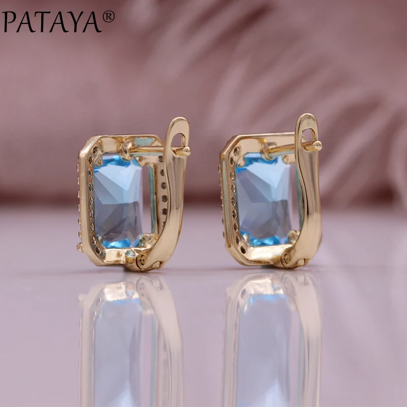 PATAYA New 585 Rose Gold Color Square Earring for Women Fashion Blue Natural Zircon Accessories High Quality Daily Jewelry