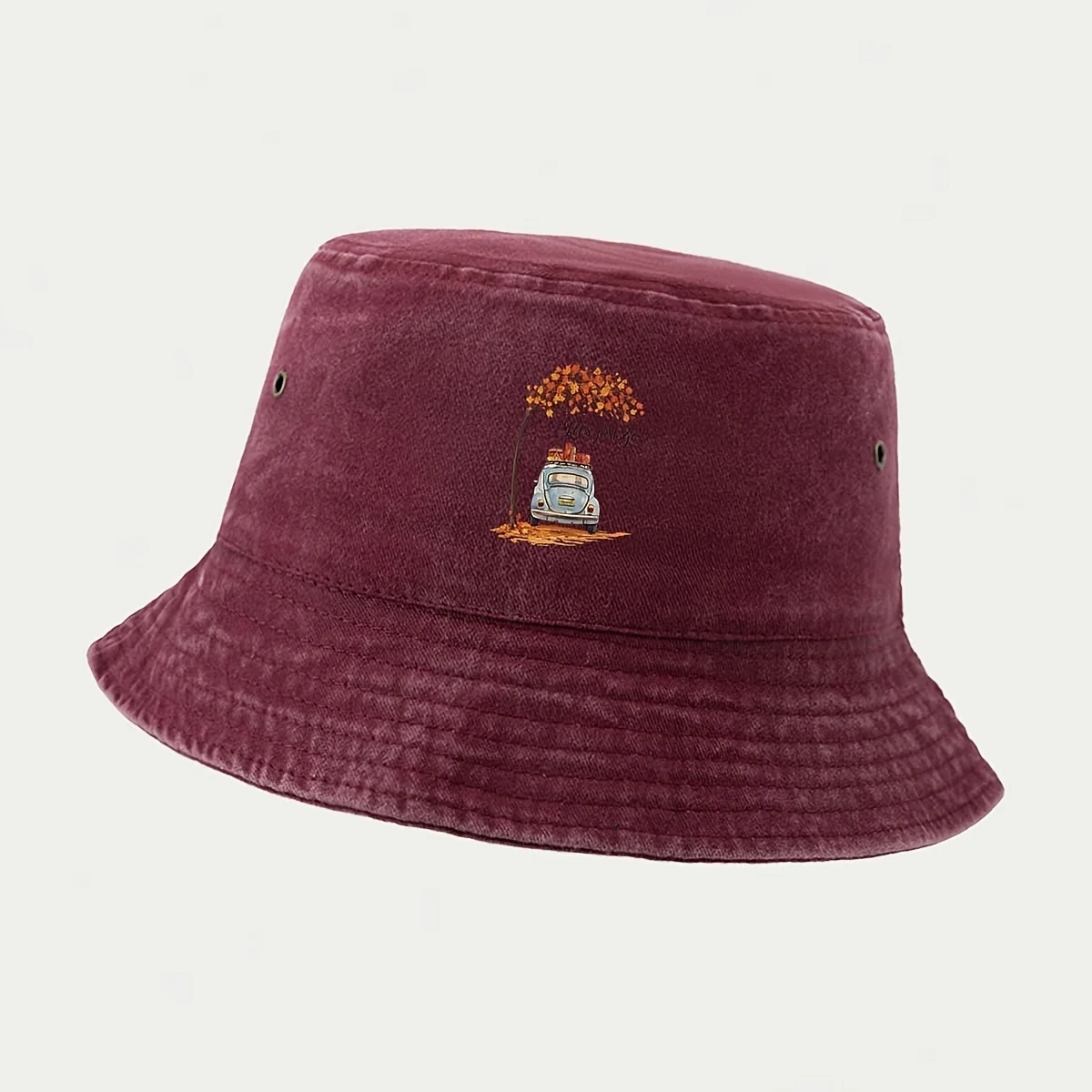 High-quality Autumn Vintage Travel Car with Fallen Leaves and Trees Printed Pattern Bucket Hat, Foldable for Easy Storage and Po