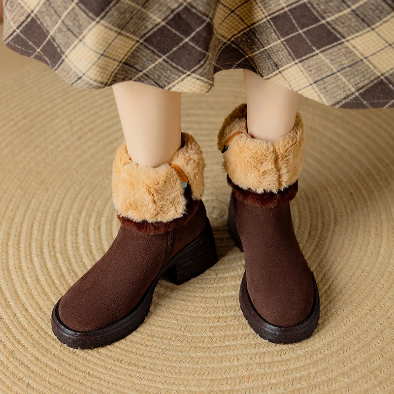 

2024 New Winter Women Boots Round Toe Chunky Heel Cow Suede Shoes for Women Zip Ankle Boots Warm Snow Boots Platform Shoes